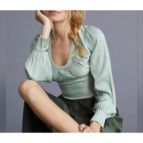 Anthropologie Backless Mint Green Ruched Blouse Women's Size M Elegant Satin Top - Picture 1 of 13